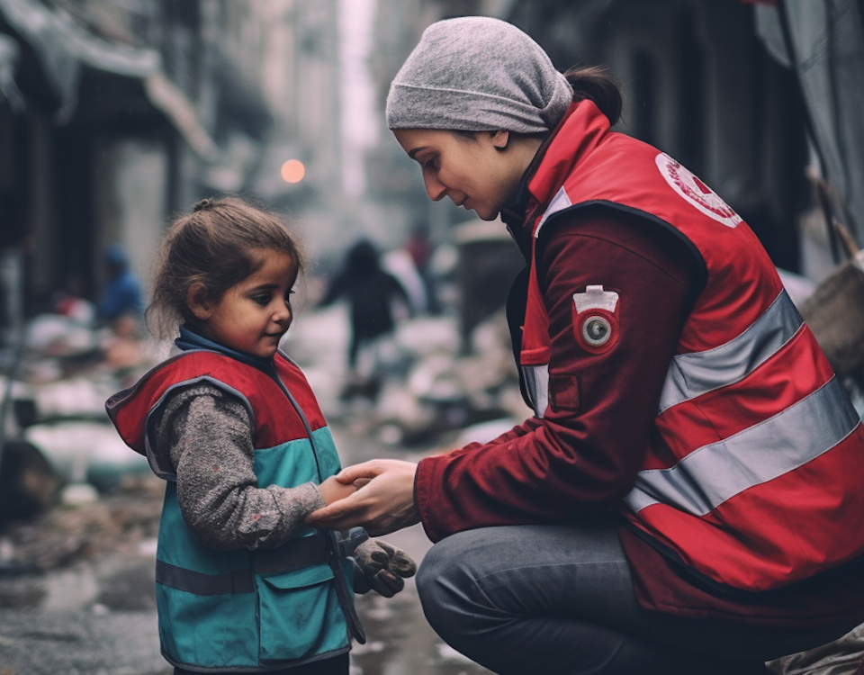 dziecko w Syrii na ulicy z wolontariuszką czerwonego krzyża działalność charytatywna