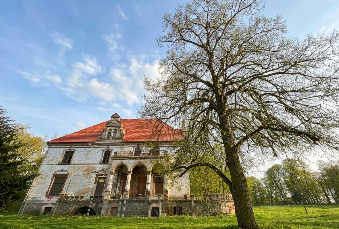 pałac w targoszynie widok obiektu wiosną